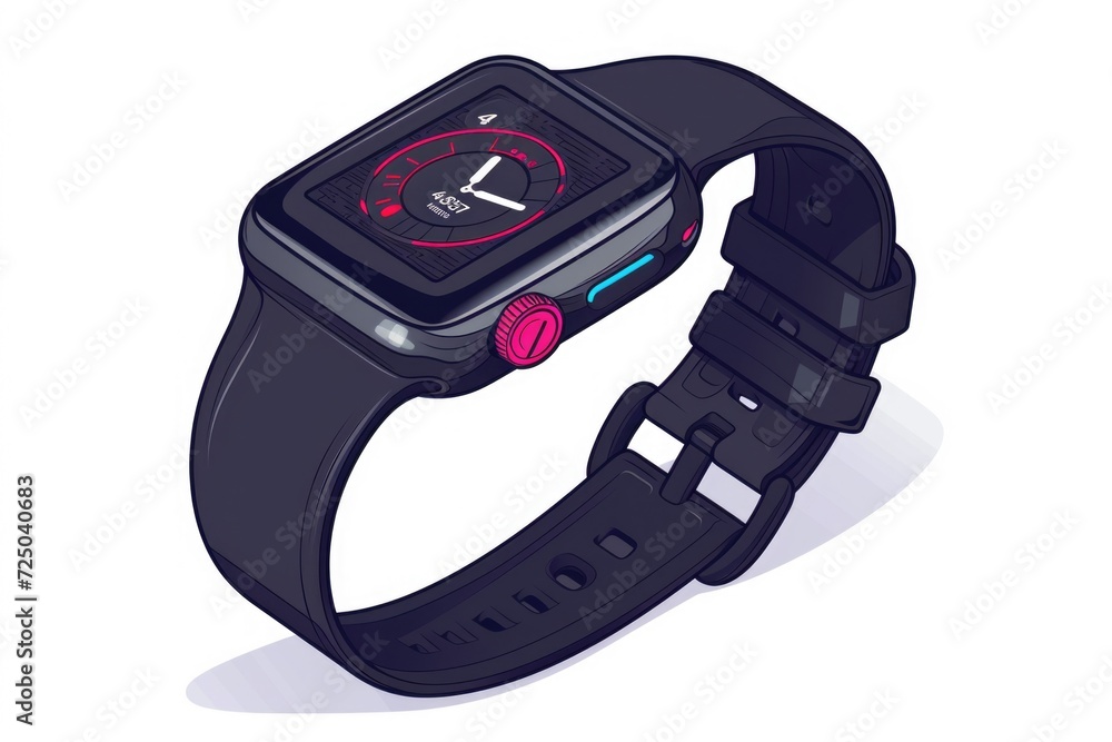 Poster a stylish smart watch with a black band displayed on a clean white background. suitable for technolo
