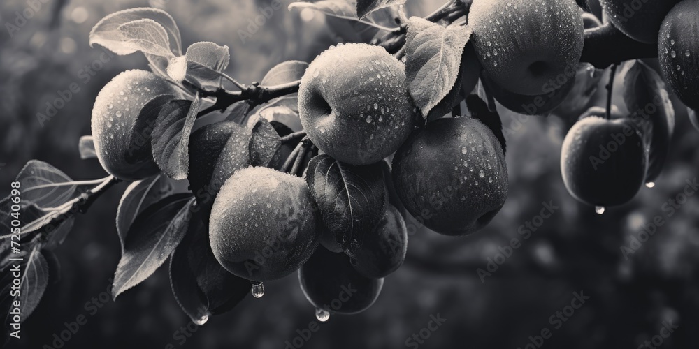Poster A cluster of ripe apples hanging from a tree. Perfect for use in food-related designs or autumn-themed projects
