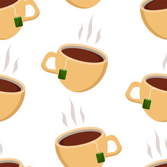 Seamless pattern with cup of hot tea. Vector flat design, isolated on white background.