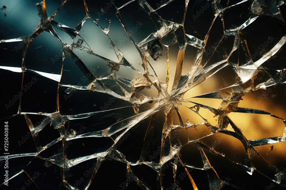 Poster a broken glass window with a yellow light shining through. this image can be used to depict themes o