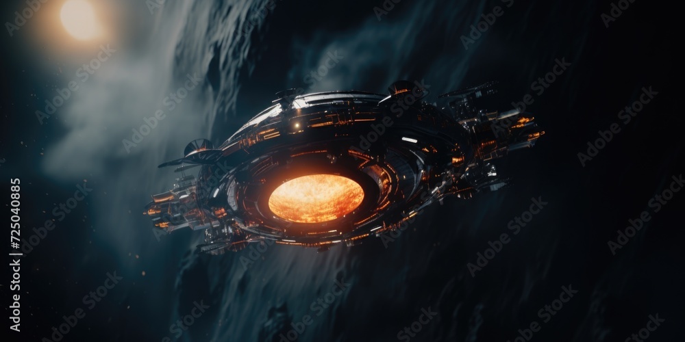 Aufkleber a space station floating in the sky, illuminated by a vibrant orange light. perfect for futuristic a