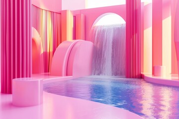 In this luxurious indoor oasis, a pink room is adorned with a majestic fountain wall, as water cascades into a serene pool and delicate curtains dance in the gentle breeze