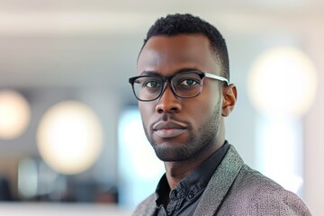 Obraz premium A dapper gentleman gazes thoughtfully through his stylish glasses, exuding confidence and sophistication against the backdrop of a plain wall