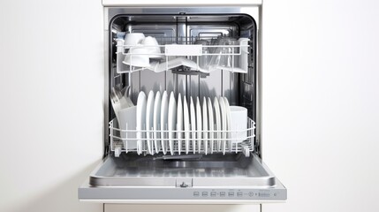 A dishwasher filled with lots of white dishes. Perfect for showcasing cleanliness and organization in a kitchen