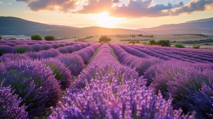 Fototapeta premium Panoramic view of blooming lavender fields and rolling hills.