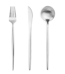 Silver fork, knife and spoon isolated on white, top view