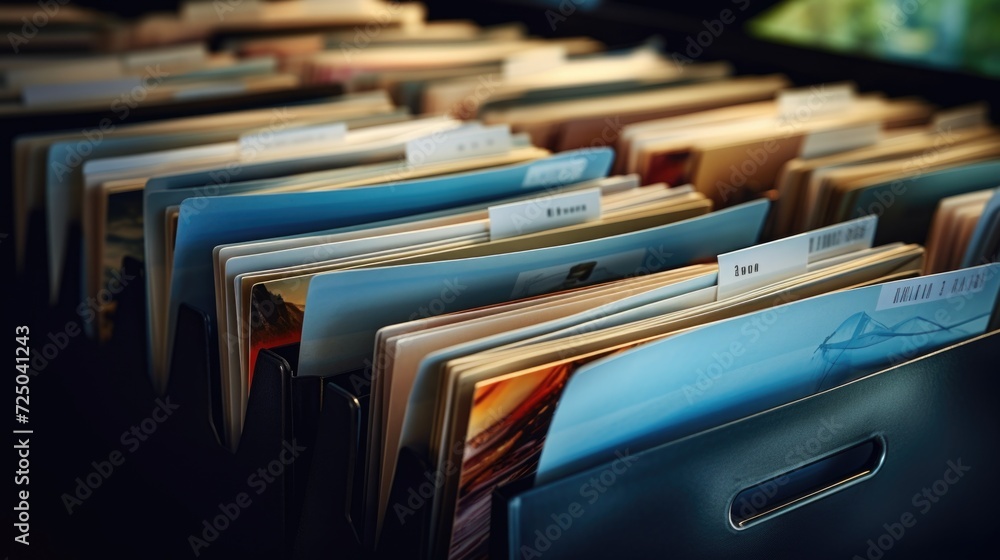 Poster A collection of folders neatly arranged on a table. This image can be used to represent organization, paperwork, or office management