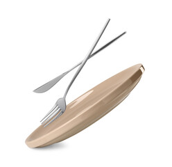 Clean plate, fork and knife falling on white background