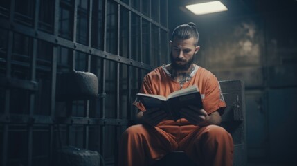 A man is depicted sitting in a jail cell, engrossed in a book. This image can be used to represent incarceration, solitude, or the power of literature to transport individuals to different worlds - obrazy, fototapety, plakaty