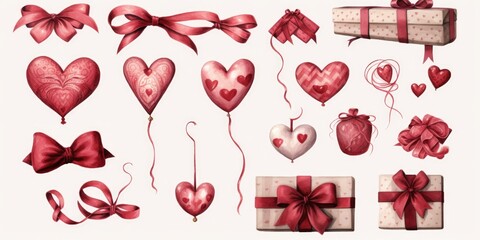 A collection of various Valentine's Day items and decorations. Perfect for creating a romantic atmosphere or for use in Valentine's Day themed projects