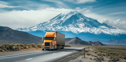 A rugged yellow truck traverses the winding mountain road, its wheels churning through the snow as it makes its way towards the summit of the majestic mountain range