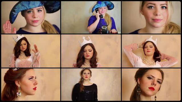 Collage with several young women in hats and jewels