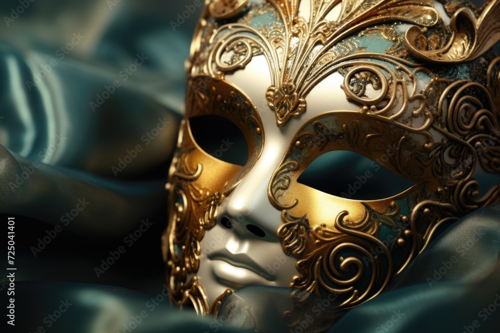 Aufkleber a close-up view of a mask placed on a blue cloth. ideal for use in theatrical productions or masquer