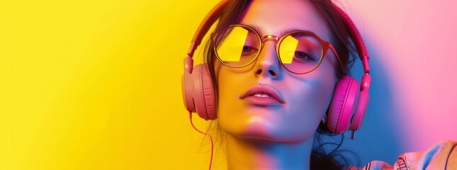 A stylish woman embraces her individuality with bold glasses, a pop of lipstick, and headphones that let her tune out the world and focus on her own rhythm - obrazy, fototapety, plakaty