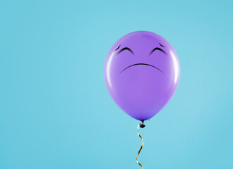 Purple balloon with sad face on light blue background. Space for text