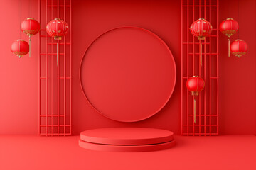 Fototapeta na wymiar Podium or stage for product demonstration Chinese new year on red background