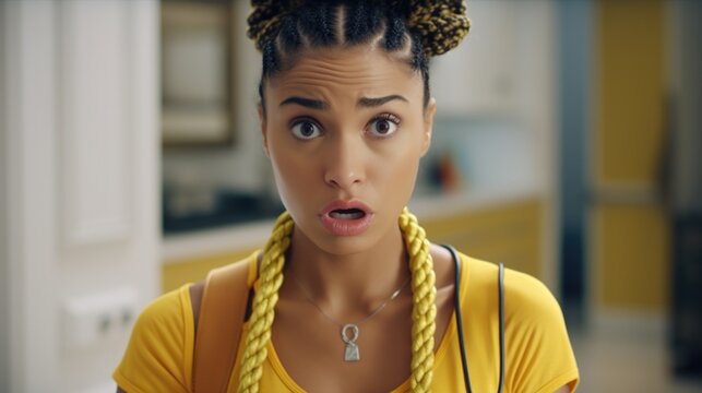 A woman with braids on her head wearing a surprised expression. This image can be used to depict shock, surprise, or astonishment