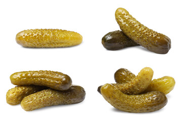Tasty pickled cucumbers isolated on white, set