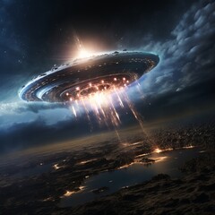 Alien Spaceship Flying Through the Night Sky