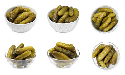 Tasty pickled cucumbers in bowls isolated on white, set