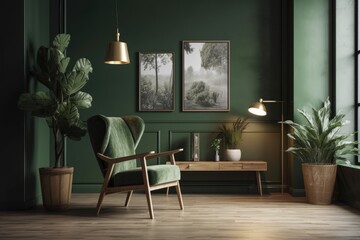 Interior design of a contemporary room with a green wall, a chair, plants, a lamp, and pictures