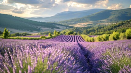 Panoramic view of blooming lavender fields and rolling hills.