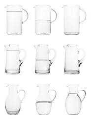 Glass jugs isolated on white, collage with empty, semi filled and full