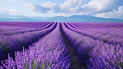 Obraz premium Panoramic view of blooming lavender fields and rolling hills.
