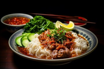 Traditional dish from Northern Thailand, ngiao khanom jin nam is a flavorful pork sauce served over rice noodles. Generative AI
