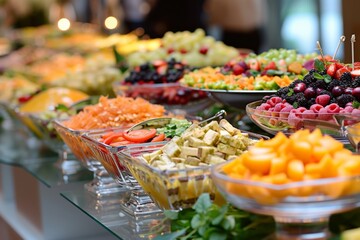 A colorful display of various natural fruits, carefully arranged and presented on a buffet table, showcasing the culinary art of food groups and inviting us to indulge in this delicious and healthy d - obrazy, fototapety, plakaty
