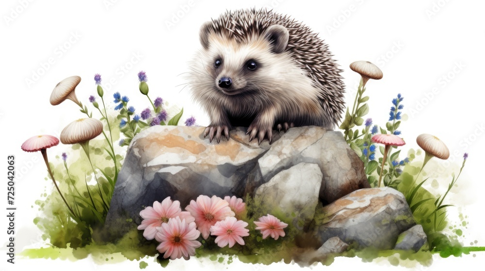Poster hedge sitting on top of a rock with a beautiful array of flowers. perfect for garden or nature-theme