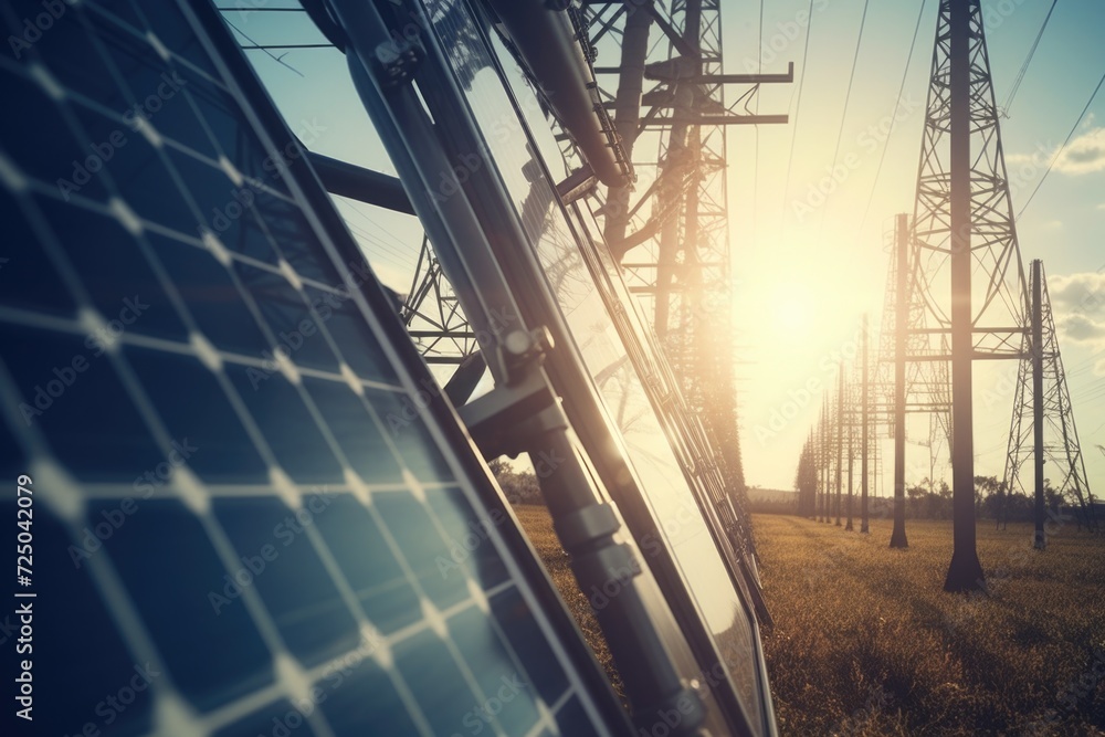 Poster a row of solar panels with the bright sun shining behind them. ideal for renewable energy concepts a