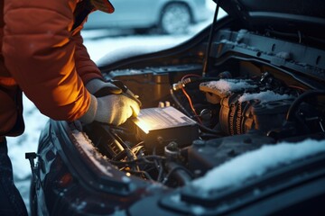 A man is seen working on a car in snowy conditions. This image can be used to depict winter car maintenance or a breakdown in snowy weather