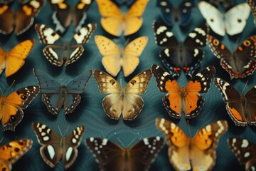 A group of butterflies sitting on top of a blue surface. This image can be used to depict nature, beauty, or the concept of freedom