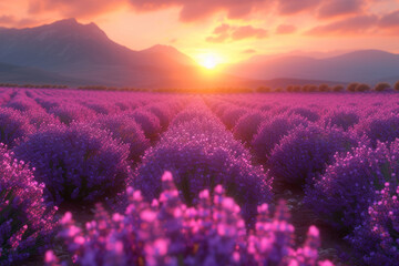 Naklejka premium A radiant sun setting over a lavender field, casting a warm and dreamy glow over the landscape. Concept of nature's enchanting hues. Generative Ai.