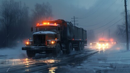 A determined firefighter drives their truck through the snowy landscape, braving the foggy sky and treacherous roads to save lives from a blazing winter fire