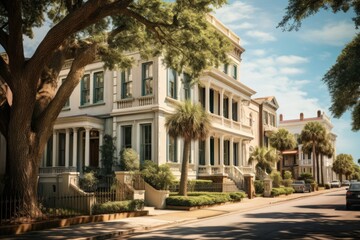 A row of houses on a residential street. Can be used to depict suburban life or neighborhood concepts