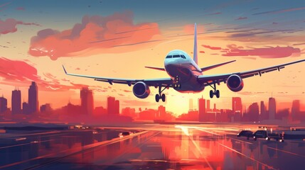 A Painting of a Plane Taking Off From an Airport - obrazy, fototapety, plakaty