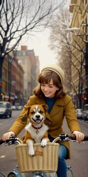Charming image of a girl joyfully riding a bicycle with her small dog snugly settled in a basket. Traveling with pets concept.