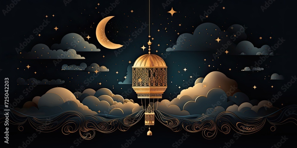 Wall mural a gold hanging lantern and clouds on a black background, in the style of cosmic themes