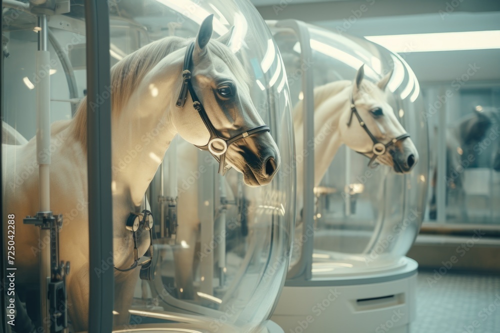 Poster a couple of horses enclosed in a glass case. suitable for various themes and concepts