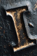A detailed view of a metal letter placed on a smooth black surface. Perfect for use in graphic design projects or as a background element for presentations
