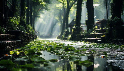 Fototapeta na wymiar Tranquil scene of a green forest reflecting sunlight generated by AI