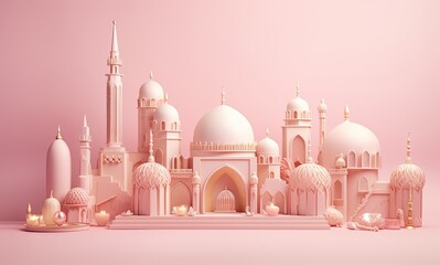 A golden and white background with ramadan objects on a pink color background