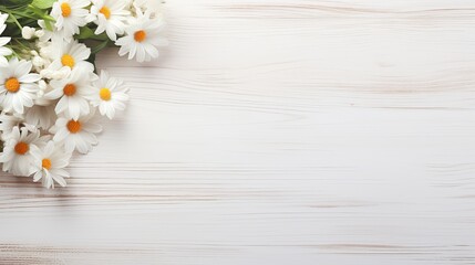Obraz premium Bouquet of Daisies on a White Wooden Background. Copy space