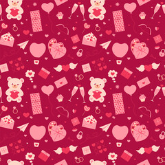 Valentine's Day seamless pattern. Vector illustration with  teddy bear, paper airplane, hearts, flower, engagement rings, game tic-tac-toe