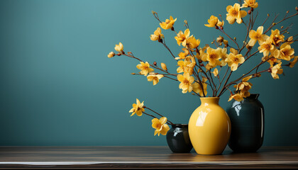 Yellow flower bouquet on wooden table, nature rustic gift generated by AI