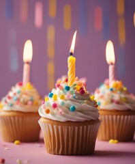 Birthday cupcakes with celebration candles and sprinkles for a birthday party, copy space for text

