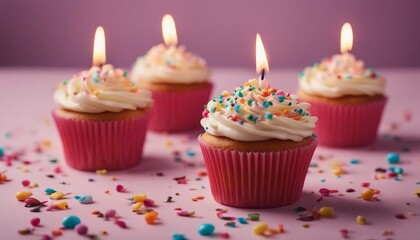Birthday cupcakes with celebration candles and sprinkles for a birthday party, copy space for text

