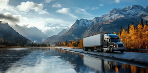 A solitary truck rests by the peaceful lake, surrounded by majestic mountains and reflected in the tranquil water, as the clouds drift by in the vast outdoor landscape - obrazy, fototapety, plakaty